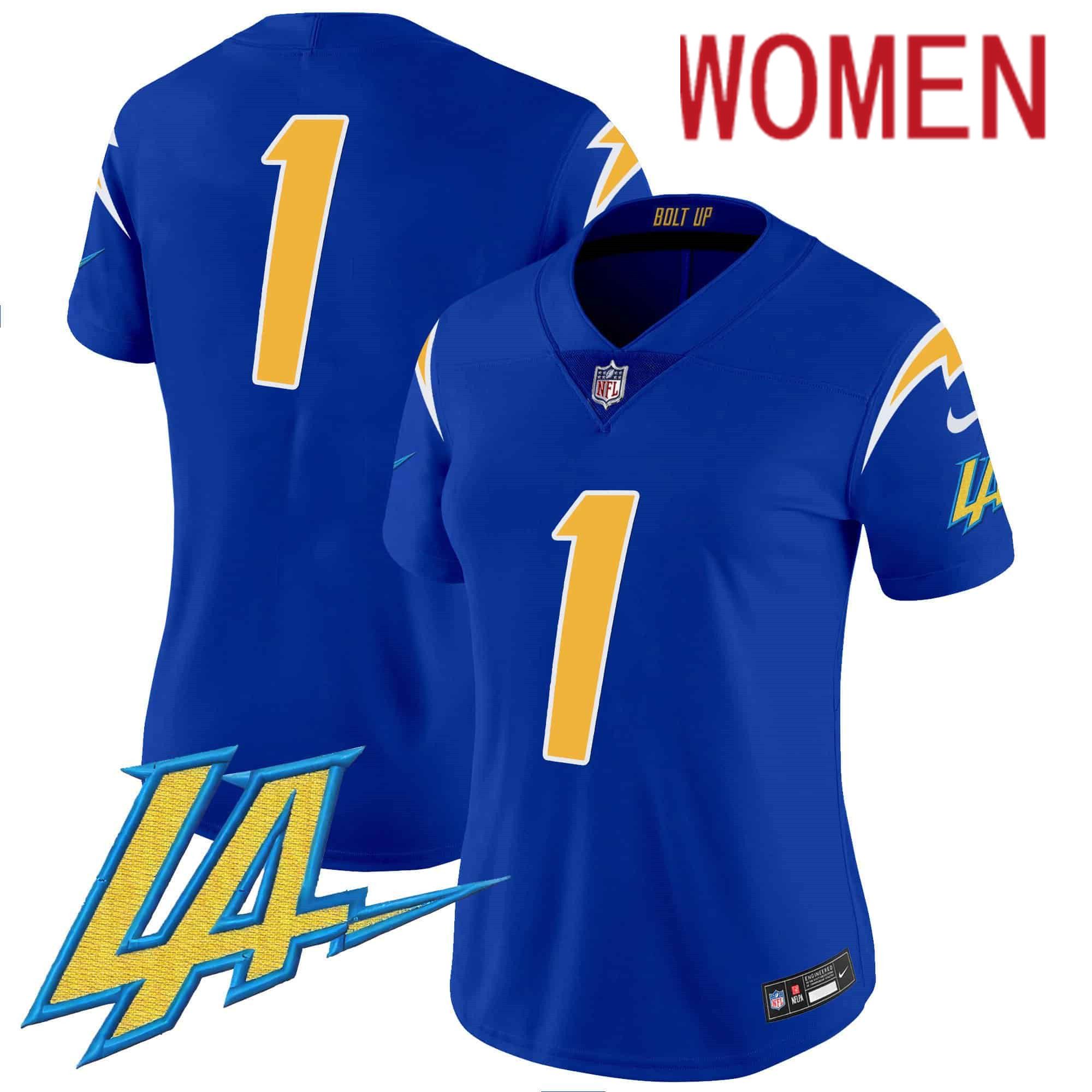 Women Los Angeles Chargers 1 No Name Blue 2024 Nike Vapor Limited NFL Jersey style 1